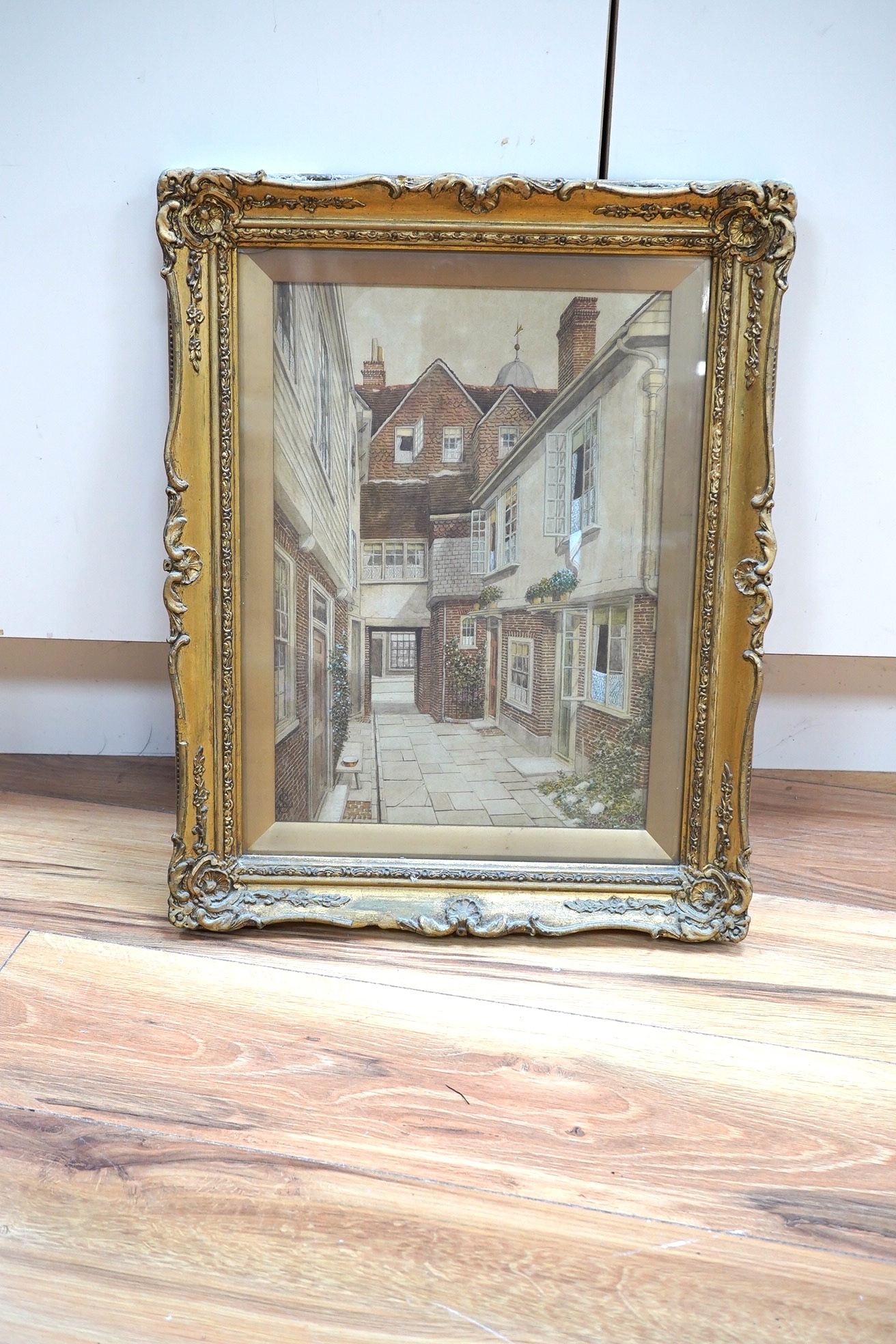 James Lawson Stewart (1841-1929), watercolour, ’Scene in Hull’, gilt frame, 34x24cm. Condition - losses to frame, small crack to glass